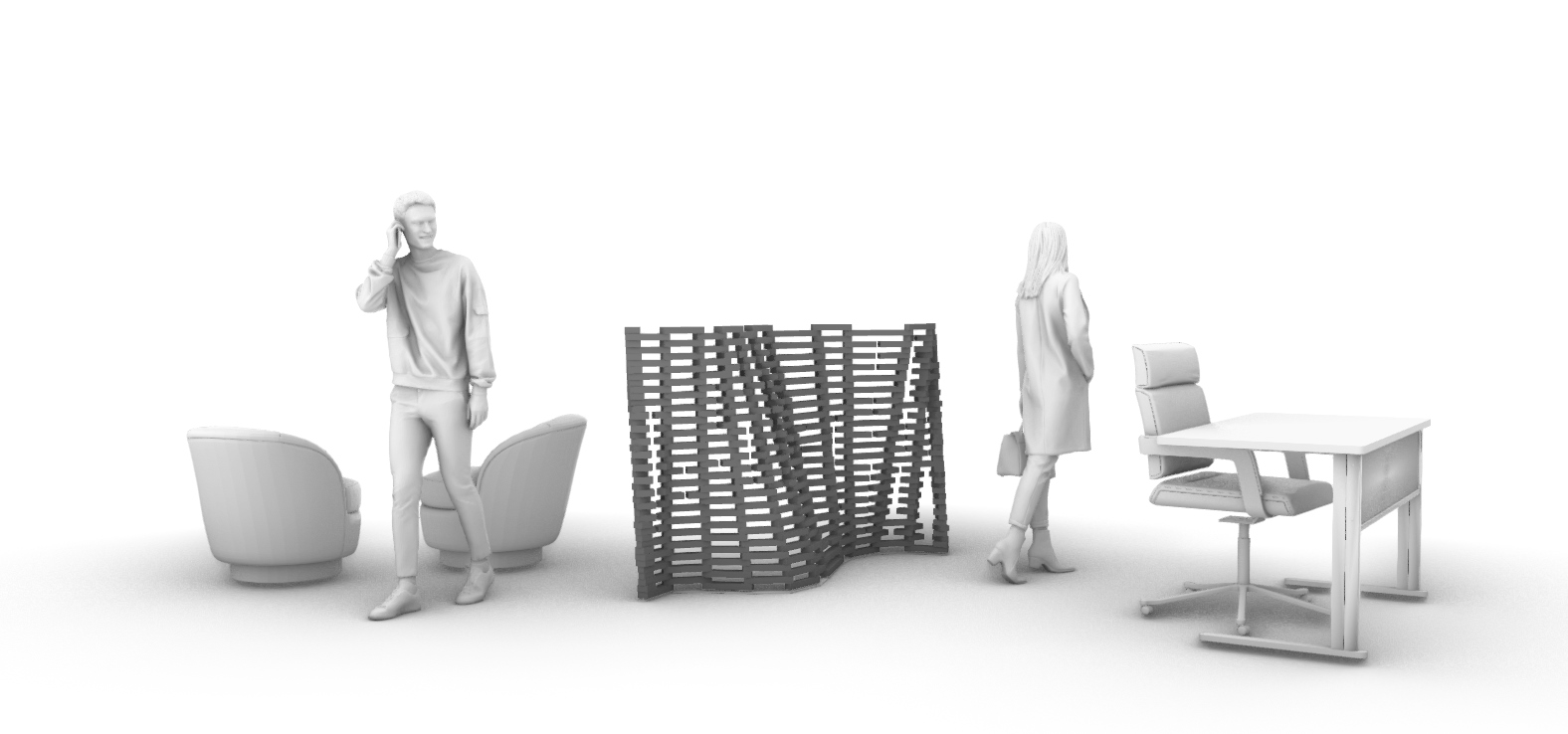 Rendered curved marble wall shown as a freestanding divider in an interior